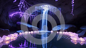 Enchanted Waterfall Cave with Glowing Stones and Lights