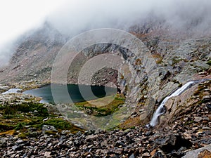 The waterfall from Chasm Lake spills into Peacock Pool