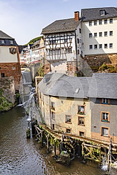 Waterfall in the city center of Saarburg, Germany surrounded by