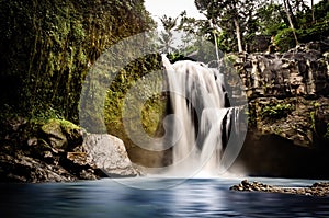 Waterfall of a cliff in a lush forest. Tegenungan waterfall on Bali. Scenic nature landscape with water flow blur. Bali,