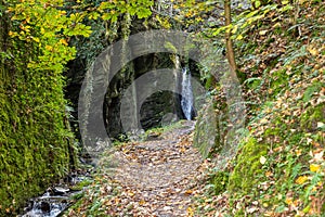 Waterfall and the creek Tiefenbach near Bernkastel-Kues on river Moselle in autumn