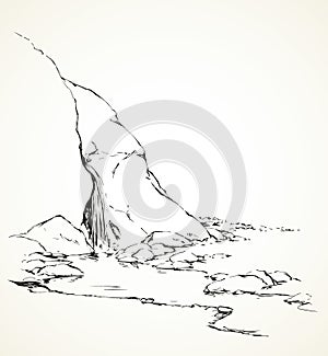 Waterfall in the desert. Oasis. Vector drawing