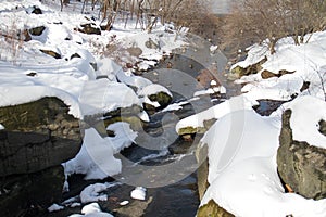 Waterfall and ducks with snow in top view, Central Park