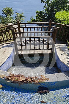 Waterfall Duden at Antalya, Turkey - nature travel background bridge over the river that ends with a waterfall