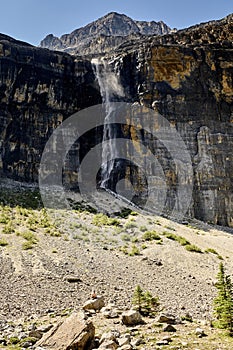 Waterfall fed from Stanley Glacier, tumbles from cliff face on side of hanging valley