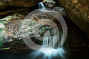 Waterfall flow through cavern