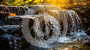 A waterfall flowing down a stream in the woods