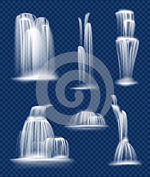 Waterfall flowing. Fresh clean and transparent water cascade falls splashes and drops vector nature realistic collection