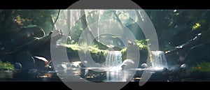 a waterfall flows down a rocky hillside into a pond surrounded by lush green trees