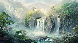 A waterfall flows through a fantasy landscape, depicted in soft pastel hues, creating a peaceful escape.AI Generate