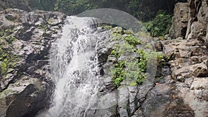 A waterfall that flows through a rock wall in the middle of the forest., footage