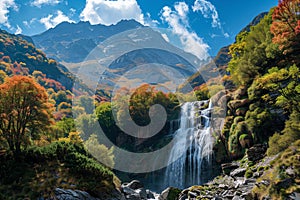 A waterfall flows from the top of an isolated mountain.