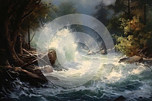 Waterfall in the forest, digital painting, computer graphics, illustration, Impressionism painting depicting a tidal wave and