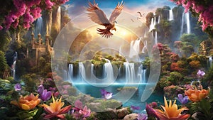 waterfall in the forest Fantasy mural of a mythical landscape, with exotic flowers, multi colors Waterfall murial ,