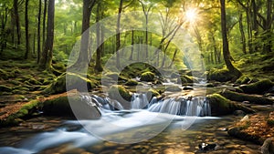 Waterfall in the forest with sunbeams