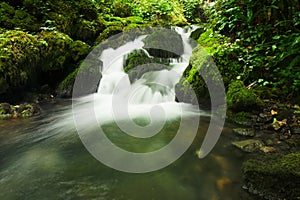 waterfall in the forest. Turbulent wate