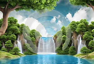 waterfall in the forest water flows down the mountainside Generative AI