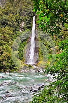 Waterfall in the forest in Westland National Park, New Zealand photo