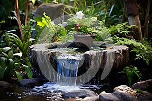 Waterfall garden of Tropical StyleNatural Bird Bath. AI Generated