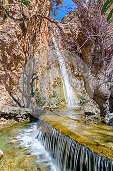 Waterfall in the gorge of Milonas near famous beach of Agia Fotia, Ierapetra, Crete, Greece
