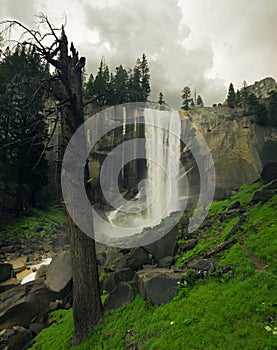 Waterfall with grass and clouds