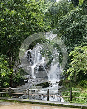 Waterfall and Green Forest in Rainy Season