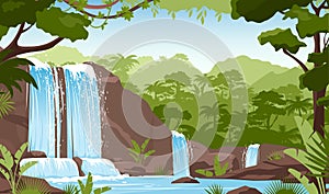 Waterfall in green jungle rainforest, fresh greenery