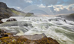 Waterfall Gullfoss in Iceland at evening - panoramic view