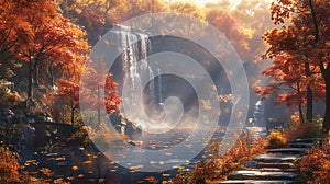 a waterfall hidden deep within the forest, where a footpath leads through a kaleidoscope of fall foliage