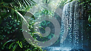 Waterfall hidden in tropical jungle, mist rising, close-up, high saturation