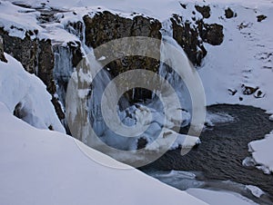 Waterfall in Iceland surrounded by snow and ice