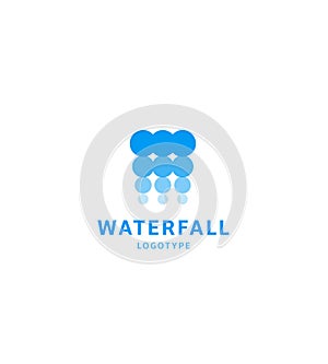 Waterfall icon, water abstract logo template, blue bubbles, hydroelectric power station, vector illustration on white