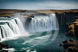 Waterfall images portraying Godafoss in different weather conditions. Focus on perfect lighting, no noise, and ultra-realistic