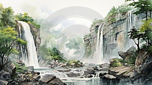 Waterfall Of India: Landscape Watercolor Illustration By Zhao