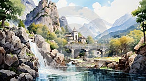 Waterfall Of Italy: Anime Art Inspired Watercolor Illustration