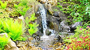 Waterfall in Japanese garden is part of botanic garden in Prague, Czech republic