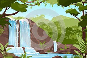 Waterfall jungle landscape with rock cascade, river streams