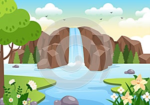 Waterfall Jungle Landscape of Tropical Natural Scenery with Cascade of Rocks, River Streams or Rocky Cliff in Flat Illustration