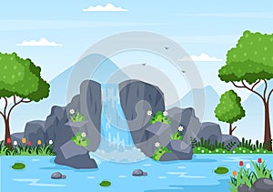 Waterfall Jungle Landscape of Tropical Natural Scenery with Cascade of Rocks, River Streams or Rocky Cliff in Flat Illustration