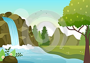 Waterfall Jungle Landscape of Tropical Natural Scenery with Cascade of Rocks, River Streams or Rocky Cliff in Flat Illustration