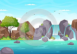 Waterfall Jungle Landscape of Tropical Natural Scenery with Cascade of Rocks, River Streams or Rocky Cliff in Flat Illustration