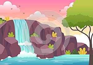 Waterfall Jungle Landscape of Tropical Natural Scenery with Cascade of Rocks, River Streams or Rocky Cliff in Flat Illustration