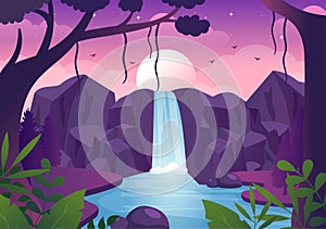 Waterfall Jungle Landscape of Tropical Natural Scenery with Cascade of Rocks, River Streams or Rocky Cliff in Flat Illustration