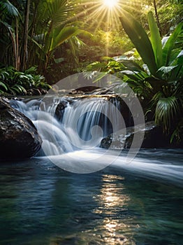 a waterfall in the jungle is lit by the sun.