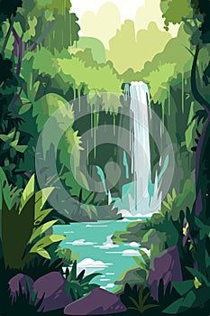 Waterfall in the jungle. Peaceful landscape in the forest. Vector art of tropical outdoor stream