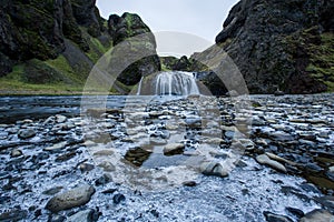 Waterfall at Kirkjubaejarklaustur, Suourland or South Iceland, Iceland, Europe