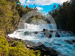 Waterfall of La Leona, in Huilo Huilo Biological Reserve, Los Rios Region, southern Chile