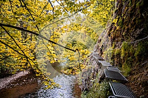 Waterfall with ladder in canyon, prielom hornadu in Slovak Paradise, Slovensky Raj National Park, Slovakia.