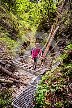 Vodopád s rebríkom v kaňone, suchá bela v Slovenskom raji, Národný park Slovenský Raj, Slovensko.