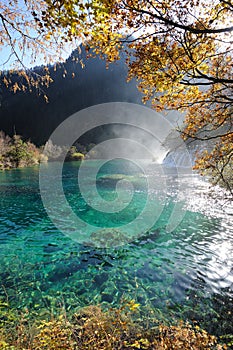 Waterfall and lake in Jiuzhaigou